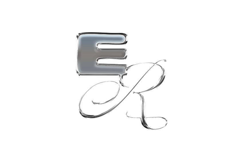 Silver metallic letter E combined with cursive letter J, stylized as a neon sign.