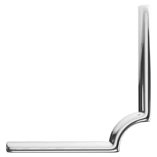 A metallic L-shaped object, likely a tool or hardware component, with a silver finish and a long straight arm and a shorter curved arm.