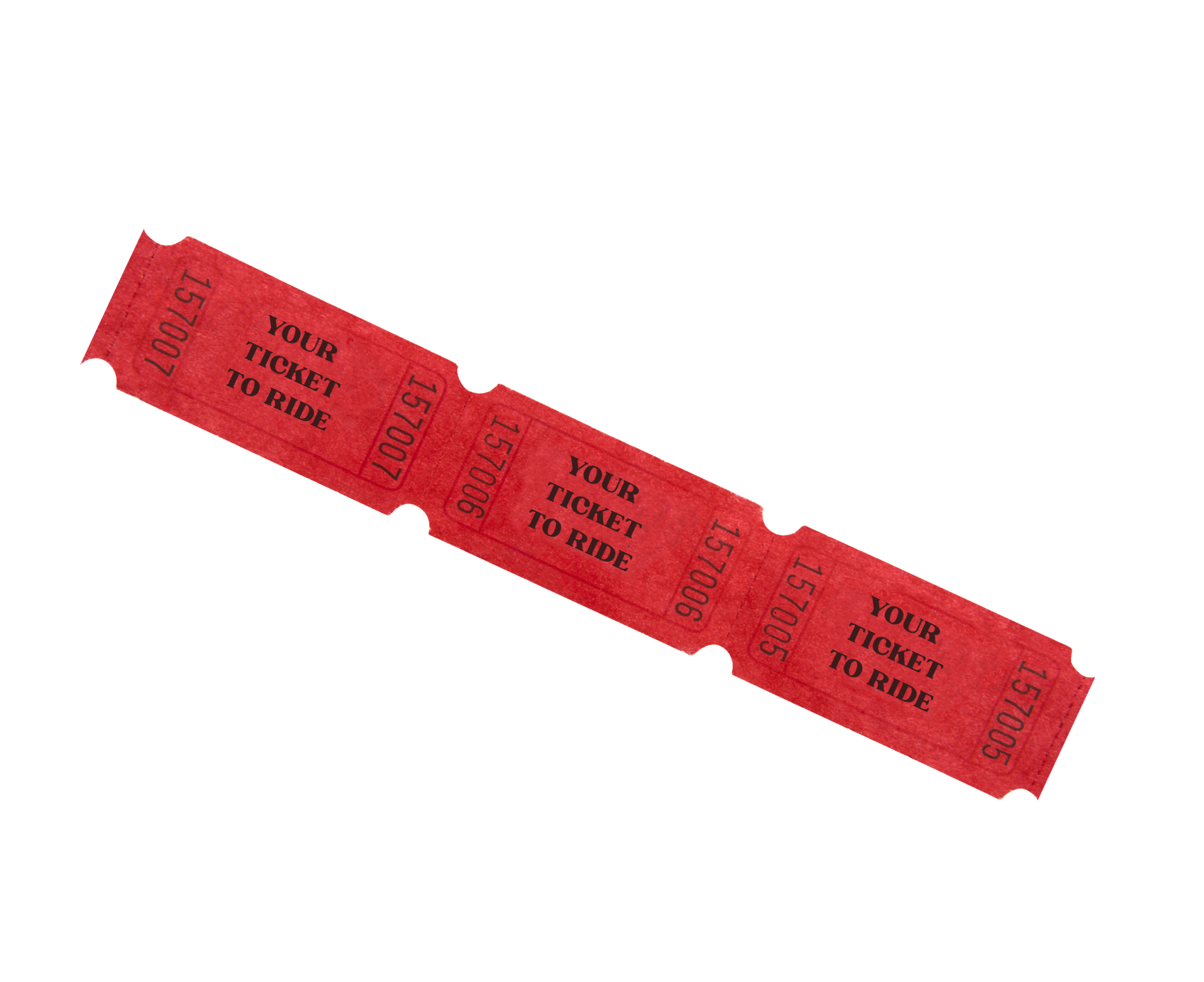 A red ride ticket with the words "Your Ticket to Ride" printed on it, featuring sequential numbers.