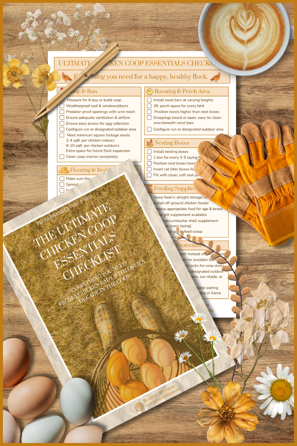 Image of a Chicken Checklist on a desk scattered with eggs, gloves, and flowers.