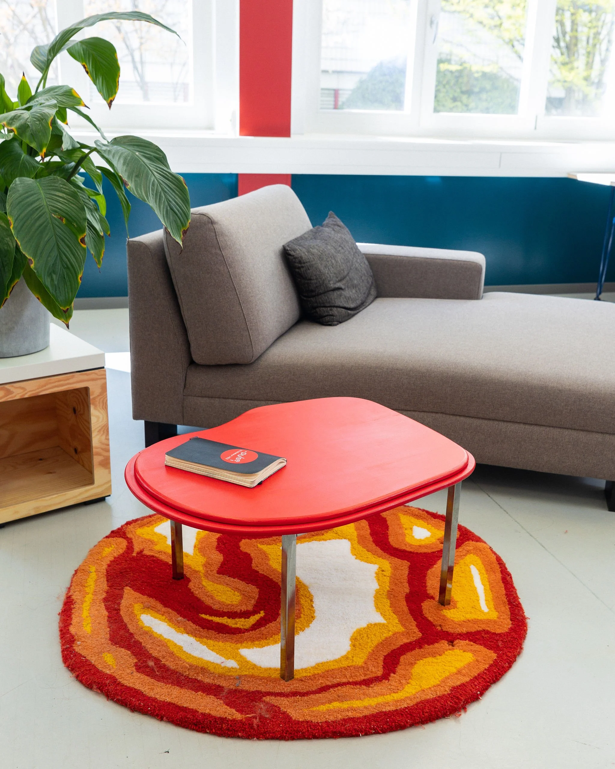 Un salon avec un canapé gris clair, un coussin gris foncé, une table basse rouge, un tapis rond à motifs orange, rouge, jaune et blanc, une plante verte près d'une fenêtre, et un mur bleu avec une bande rouge.