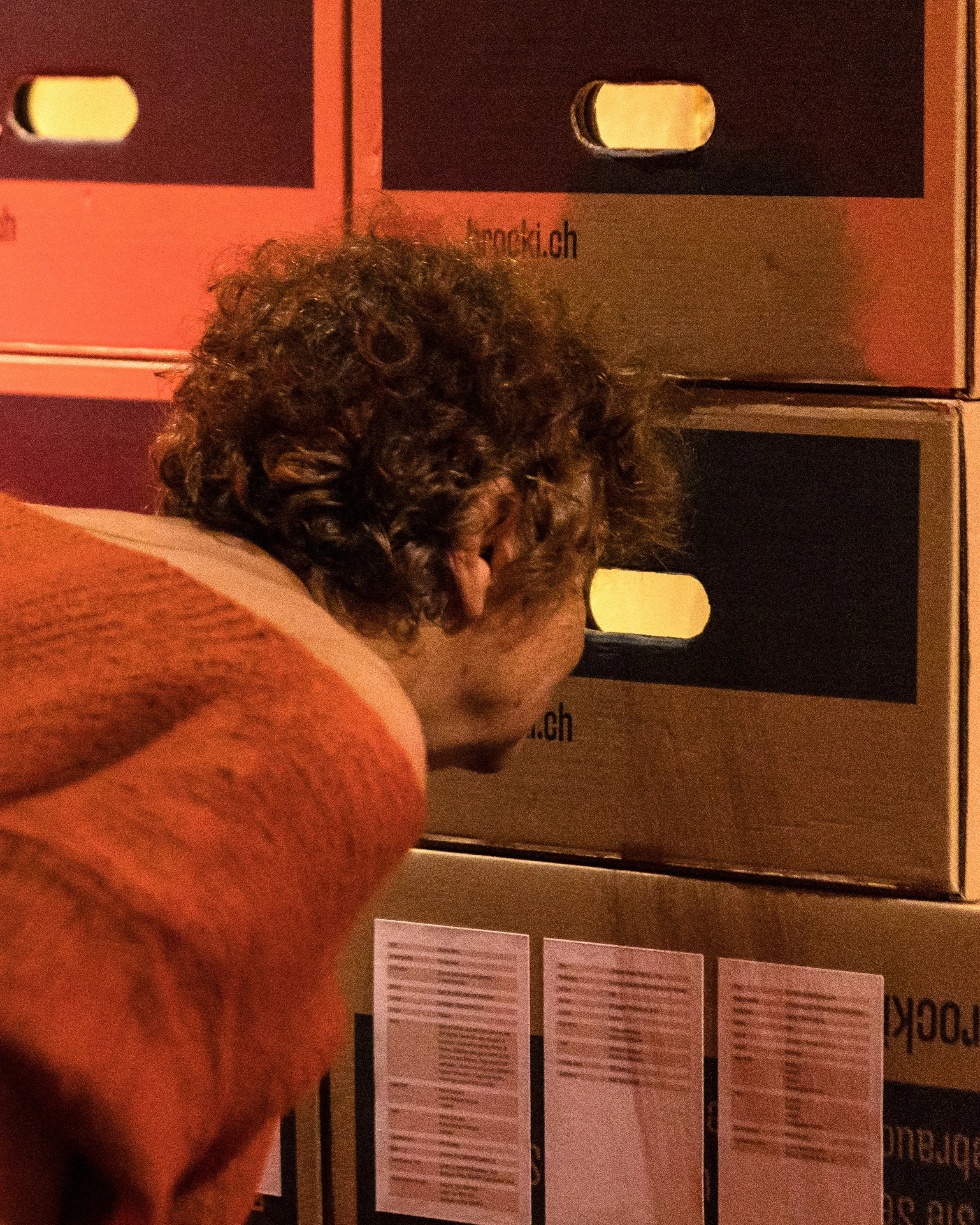 Une personne devant une exposition avec des panneaux d'information. La personne a des cheveux bouclés et est de profil. L'image est prise dans une salle d'exposition, probablement dans un musée ou une galerie.