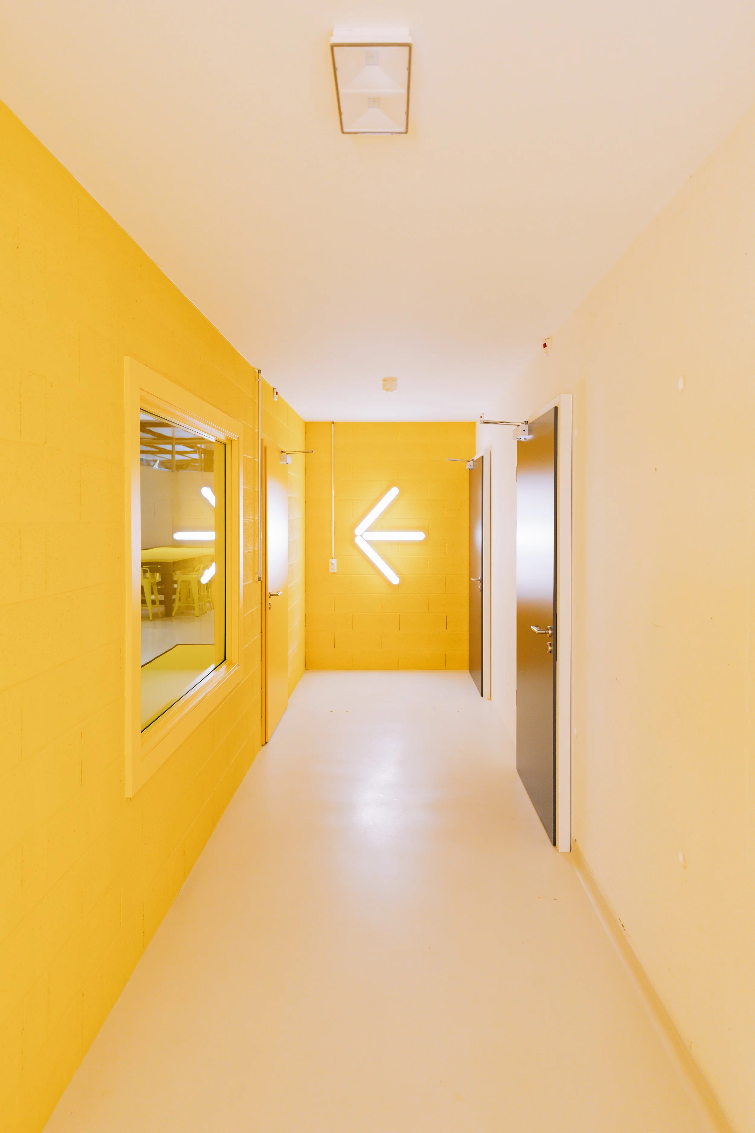 Couloir intérieur avec murs jaunes, fenêtres, portes, et un éclairage au plafond, décoration moderne.