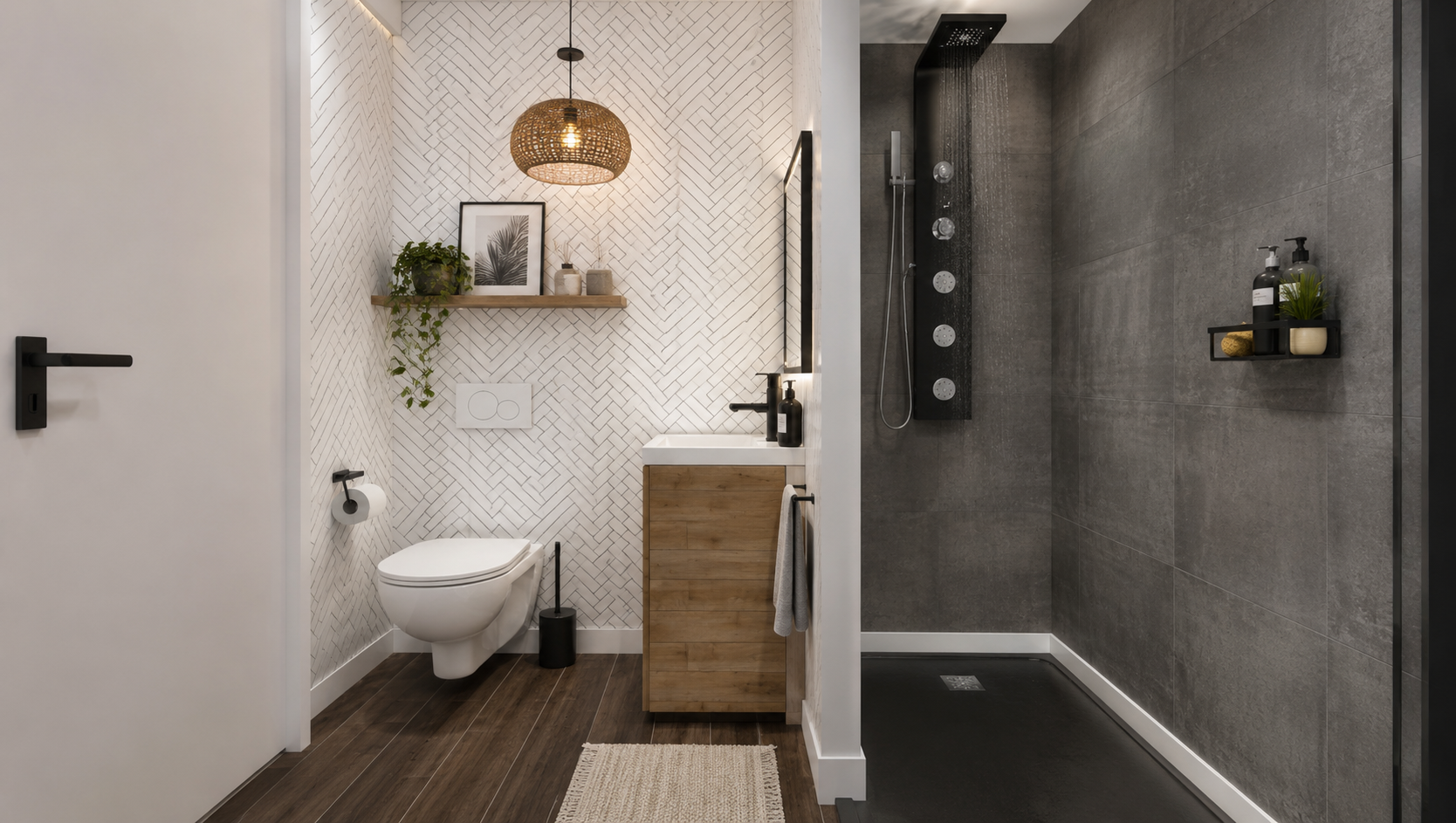 Un petit espace salle d'eau, avec une douche à l'italienne avec des carreaux effet béton anthracite, de l'autre côté de la cloison, des toilettes suspendu et un meuble vasque pour du rangement. Blanc, bois et noir, pour des tons moderne et naturel.