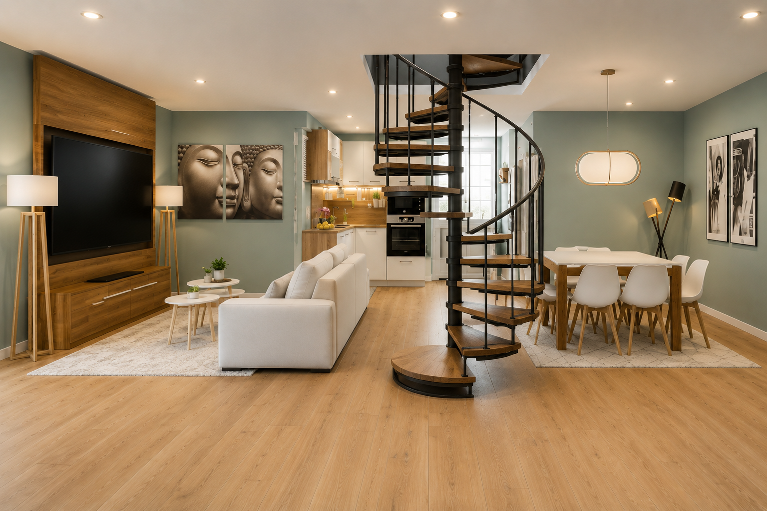 Salon et salle à manger modernes avec un escalier spiralé en bois et métal