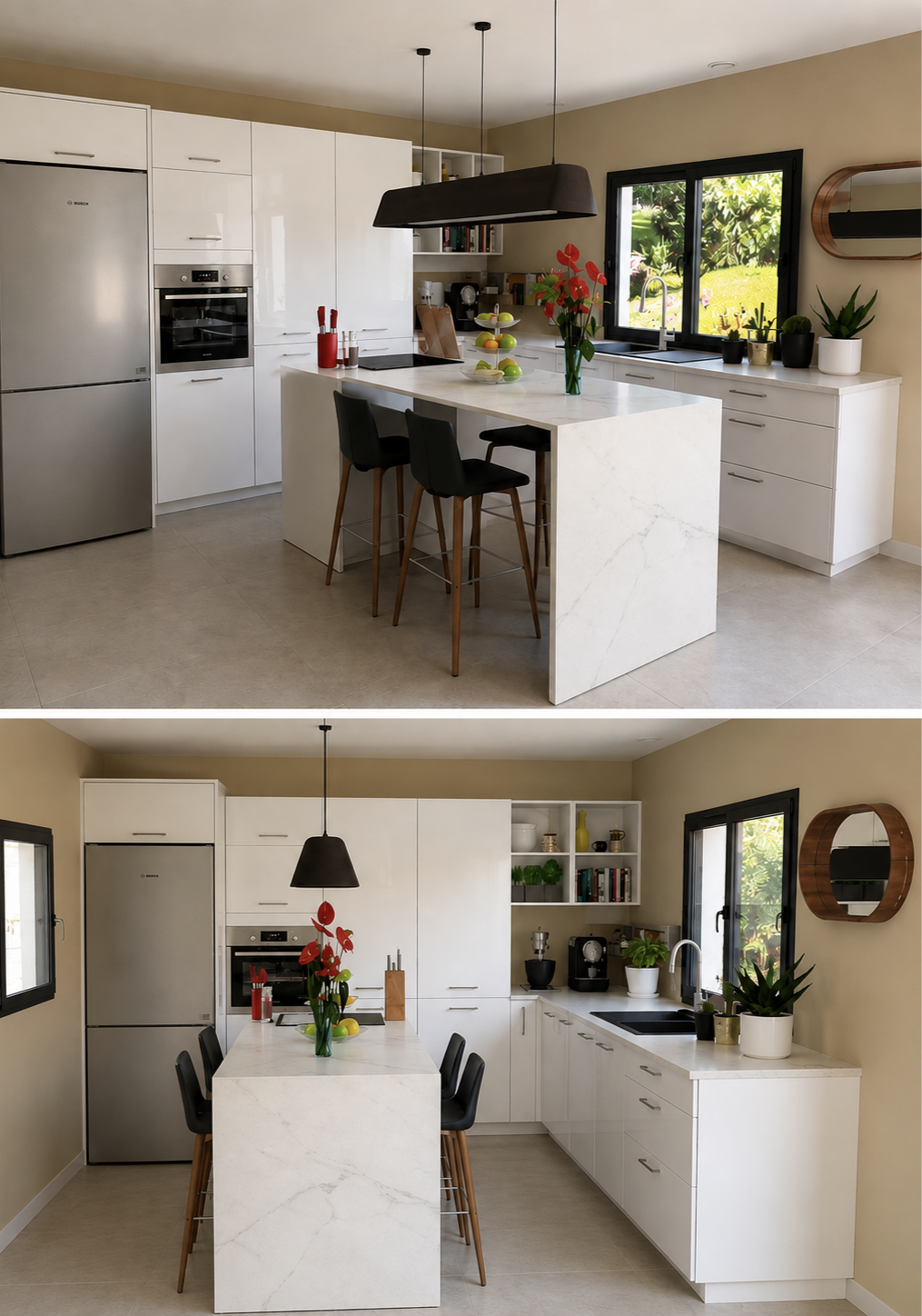 Cuisine moderne avec îlot central en marbre, chaises en bois et noir. Murs beige clair, rangements blancs, fenêtre avec vue sur jardin, plantes et décoration