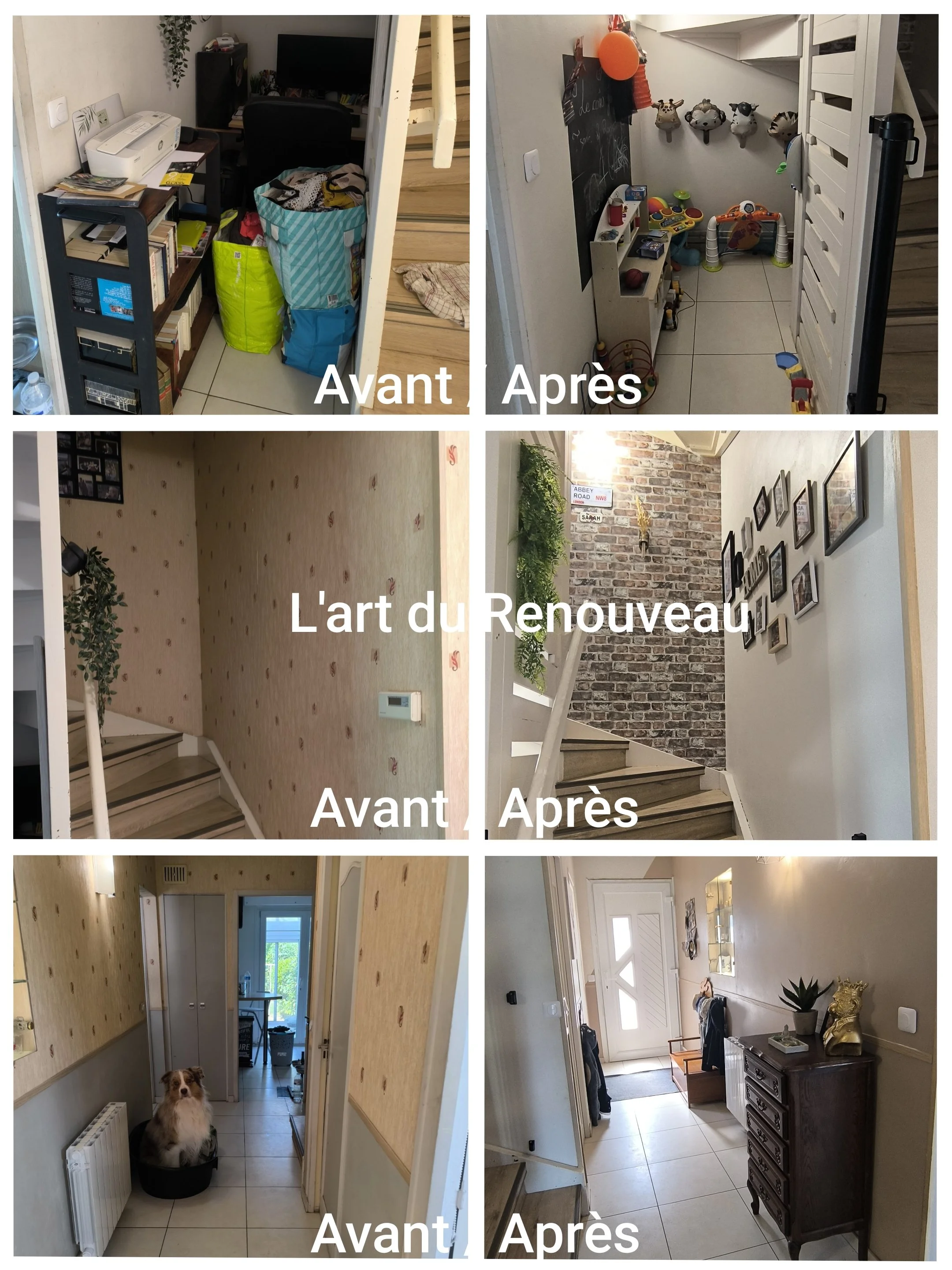 Une série de photos montrant la transformation d'une pièce à travers des images avant et après. Les images montrent l'amélioration de la décoration intérieure, avec un nettoyage, un rangement et une nouvelle décoration choisie.