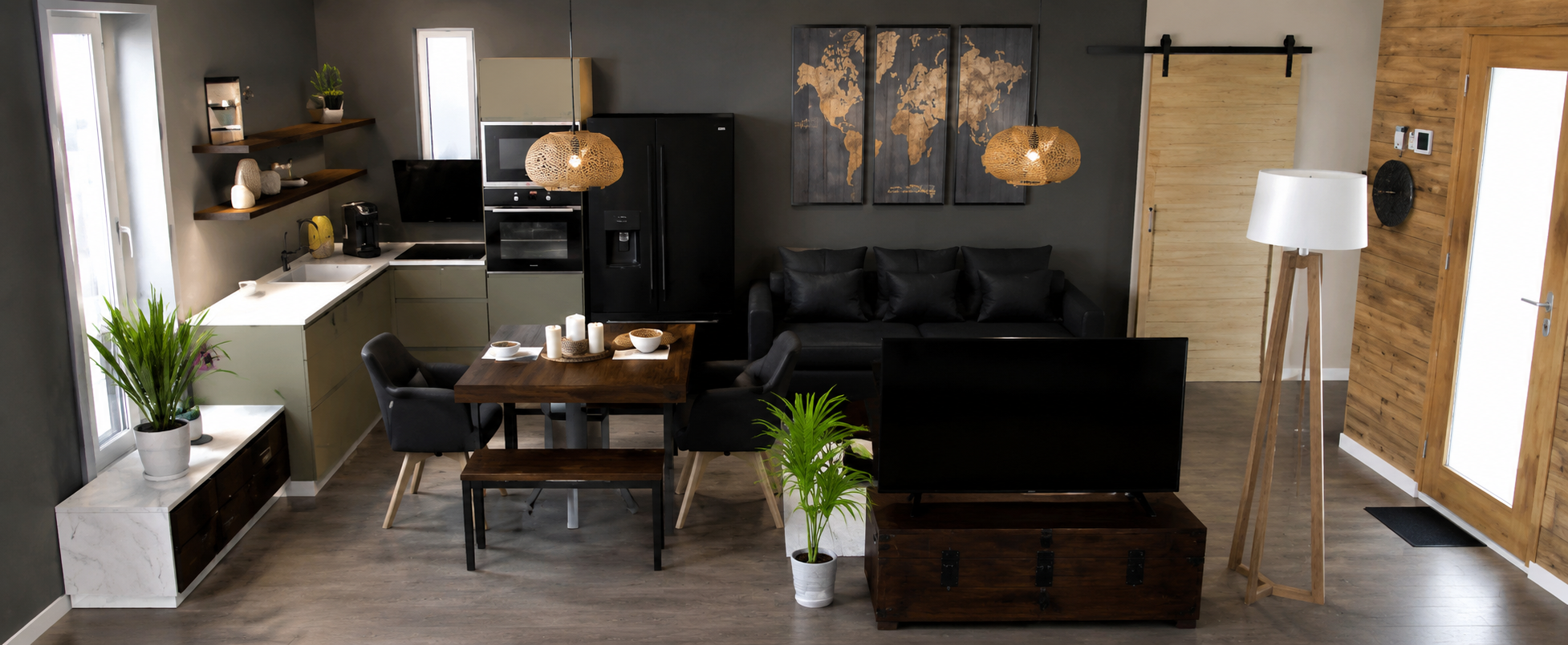 Intérieur d'un salon et coin cuisine avec des plantes vertes, un mur avec une carte du monde, un canapé noir, une table à manger en bois avec des bougies, un téléviseur, un réfrigérateur noir, une armoire en bois, et une lampe sur pied.