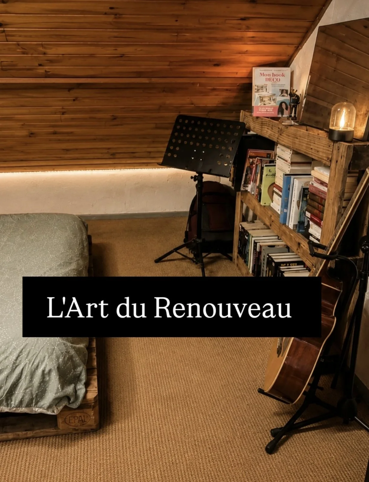 Une pièce avec une bibliothèque en bois, une guitare acoustique, un canapé, une enceinte en verre, une chaise, et un support pour la musique, sur un mur en bois avec un éclairage chaleureux. Texte en français : "L'Art du Renouveau".