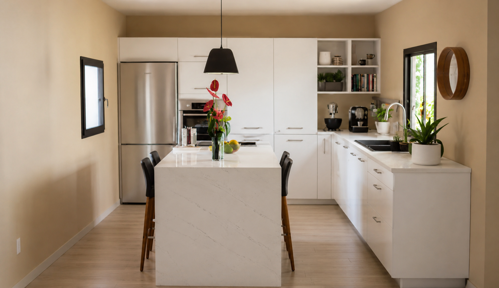 Cuisine moderne avec plan de travail en marbre blanc, plantes, appareils électroménagers en acier inoxydable, fenêtres, et décoration minimaliste.