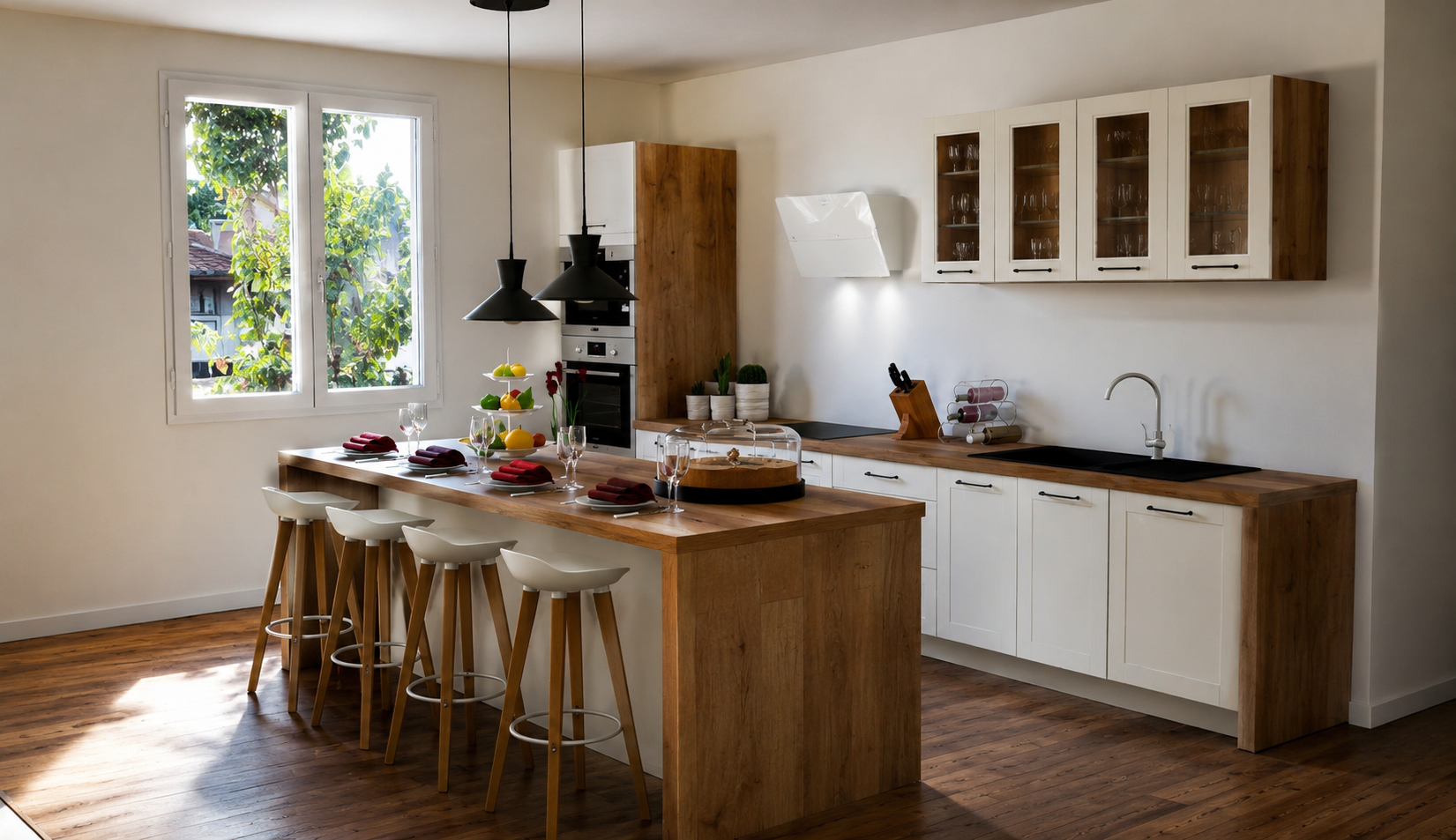 Cuisine moderne avec un plan de travail en bois, chaises hautes blanches, fenêtres laissant entrer la lumière, décor épuré avec des plantes et des accessoires.