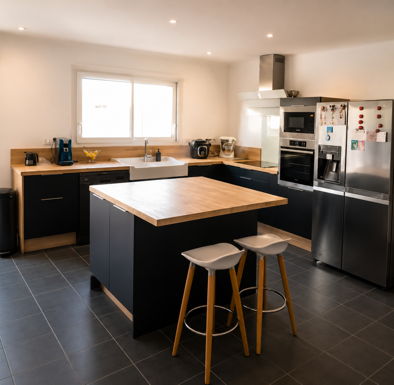 	
Cuisine moderne en L avec un petit îlot pour ajouter du rangement mais aussi un espace repas. Des tons anthracite et bois pour un côté intemporel.
