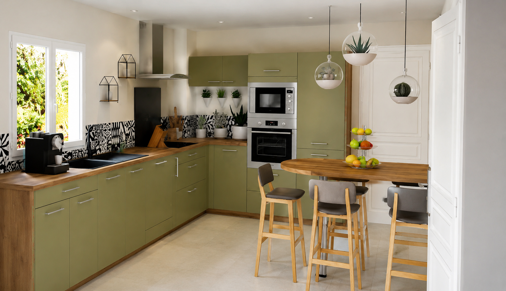 Cuisine moderne aux tons naturels vert et bois. Positionner en L, avec un côté armoires pour camoufler le frigo et intégrer le four et le micro-ondes dans les éléments. Enfin un coin repas pour 4 à 5 personnes sur le côté.