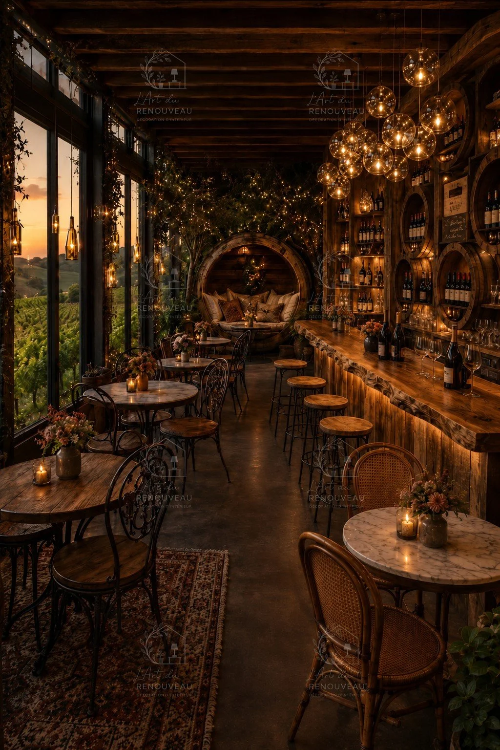 Un bar à champagne créé à partir d'un conteneur. Un bar en bois massif et une décoration réalisé à partir de matériaux recyclés. Bouteilles, tonneaux, bois... Autant de matériaux réutilisés pour ce bar à dégustations.