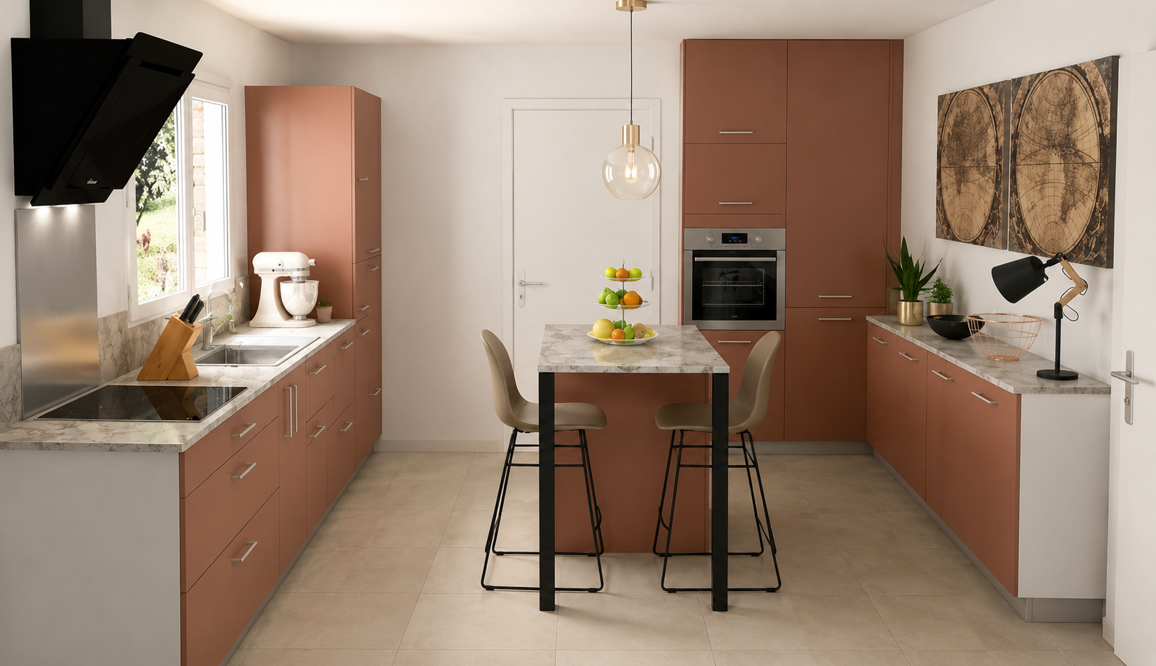 Cuisine moderne avec armoires en brun, plan de travail en marbre, îlot central avec fruits, table avec deux chaises, télévision murale, lampadaire noir, décor mural vintage, plantes vertes.