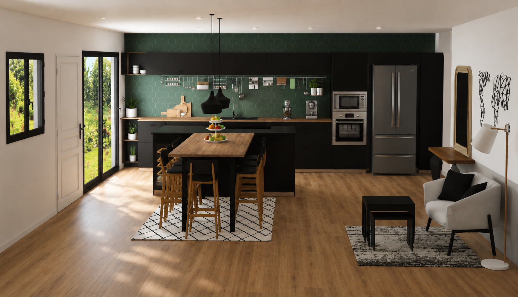 Cuisine moderne avec plan de travail en bois, îlot central avec bar, murs verts hexagonaux, appareils en acier inoxydable, coin salon avec fauteuil beige, table en bois et lampe sur pied.