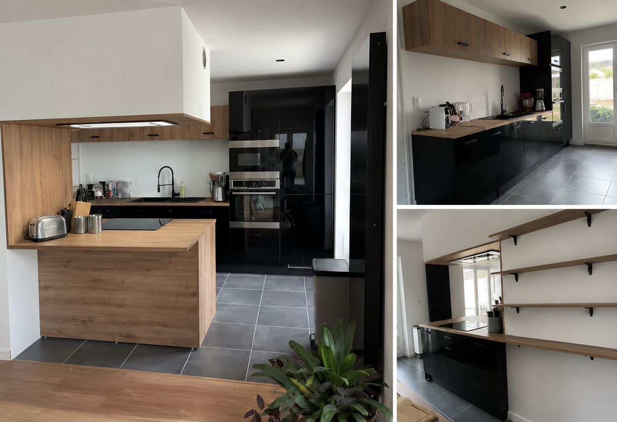 Cuisine moderne avec meubles en bois mélaminé et meubles noirs, plan de travail avec appareil à toaster, étagères en bois, sol en carrelage gris, porte-fenêtre donnant sur un extérieur verdoyant.