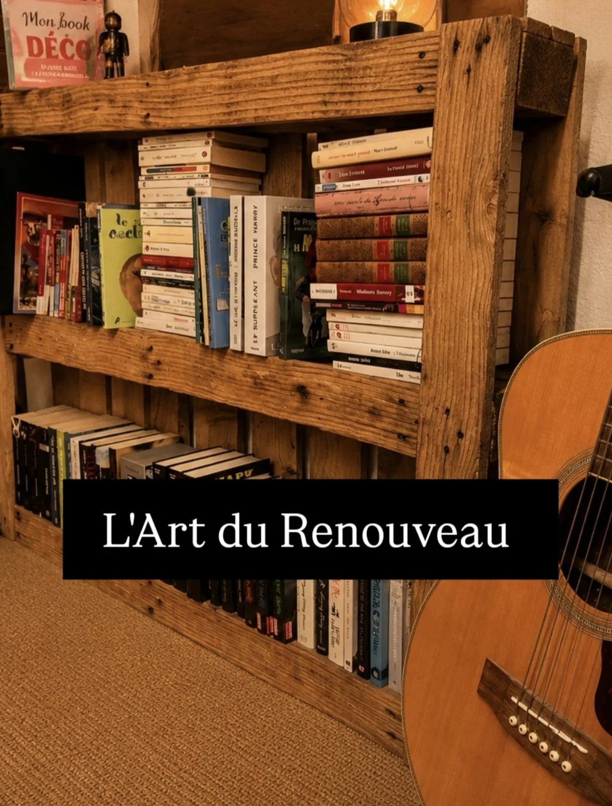 Une étagère en bois remplie de livres, avec une guitare posée à côté, ambiance chaleureuse, sujet : L'Art du Renouveau.