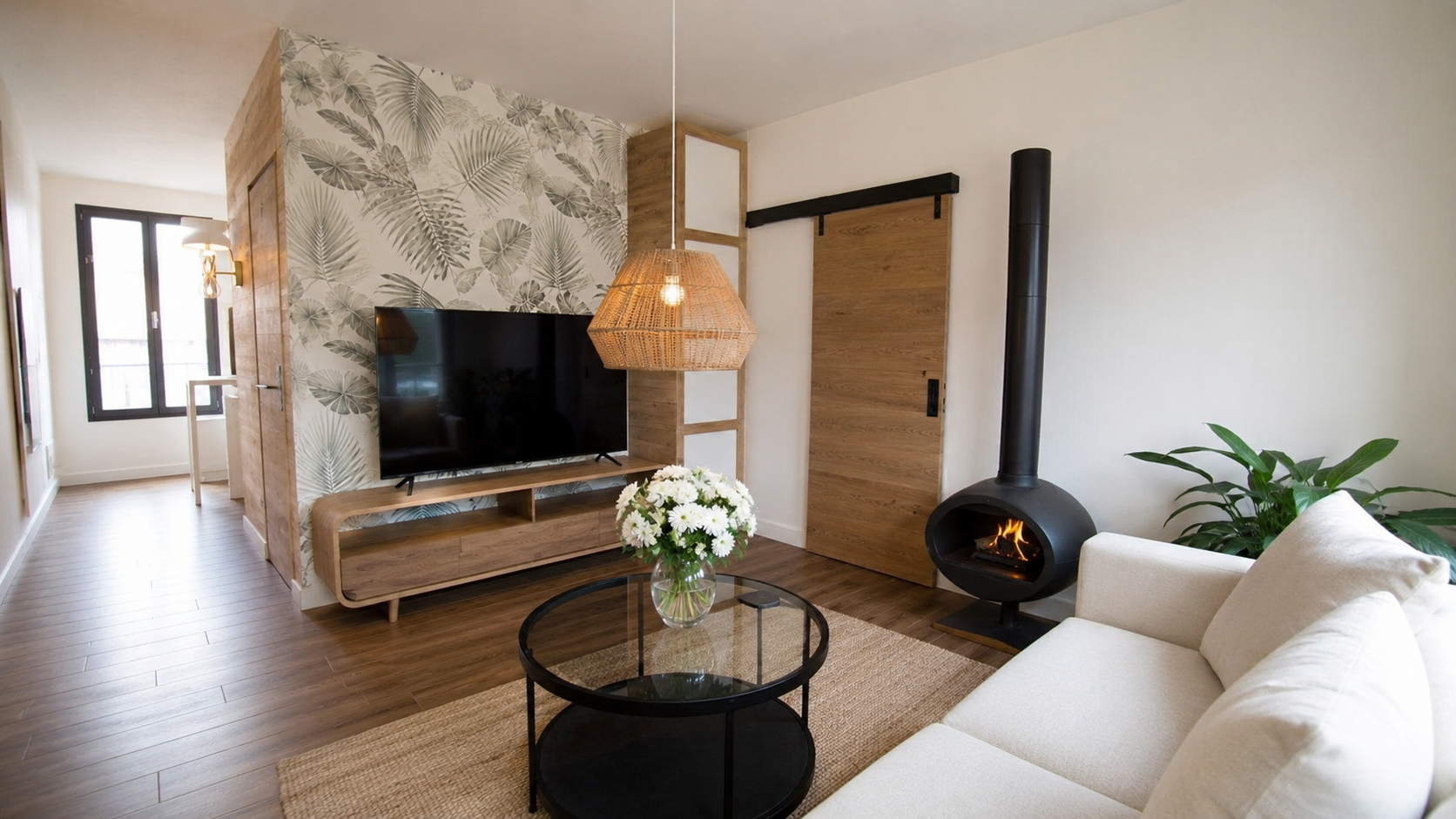 Petit loft parisien, avec son coin salon et son poêle éthanol qui donne son confort à la pièce. Du bois, un papier peint floral, du noir une ambiance douce, chaleureuse et comfortable.