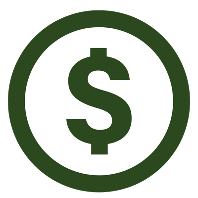 Green and white icon of a dollar sign inside a circle.