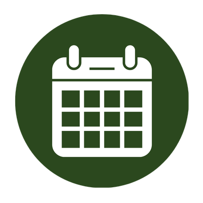 Icon of a calendar with dates, set against a dark green circular background.