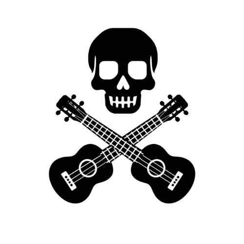 A black skull with two crossed guitars underneath.