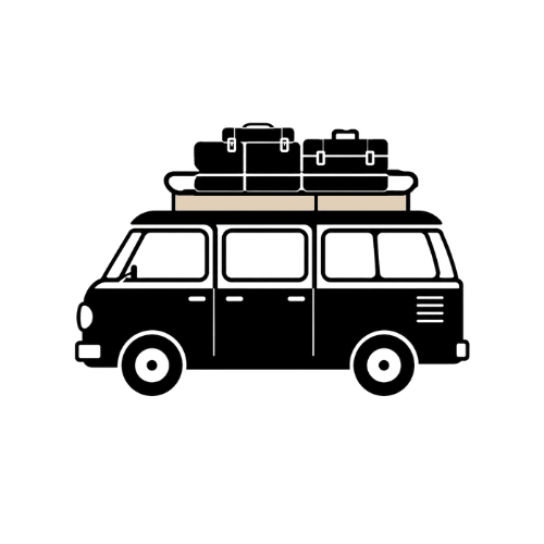 Outline drawing of a van with luggage stacked on its roof.