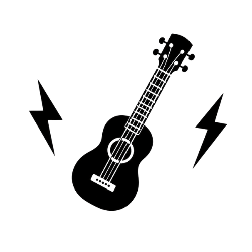 Silhouette of an acoustic guitar with lightning bolts on either side and a circular background, set against a black background.