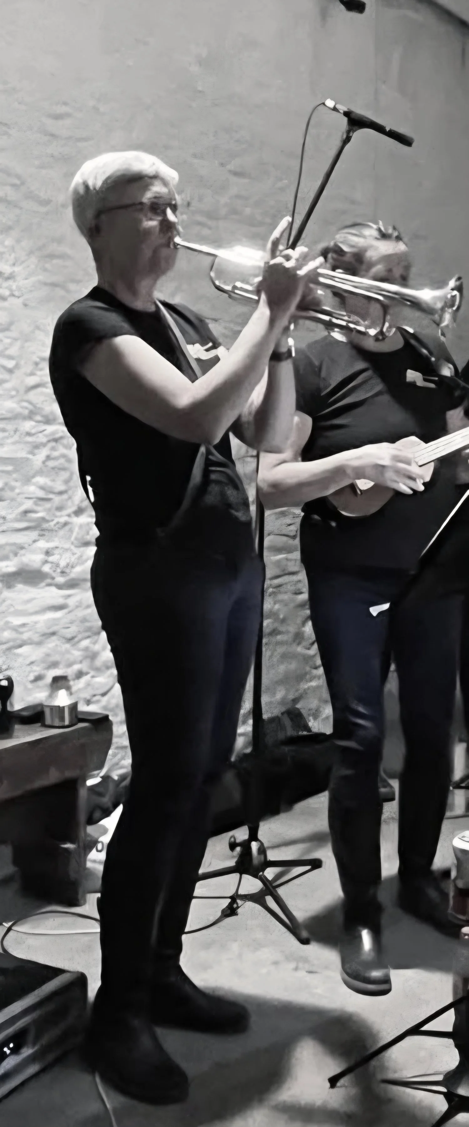 A person playing the trumpet at a performance, standing next to another musician playing a ukulele, in a setting with a textured wall background.