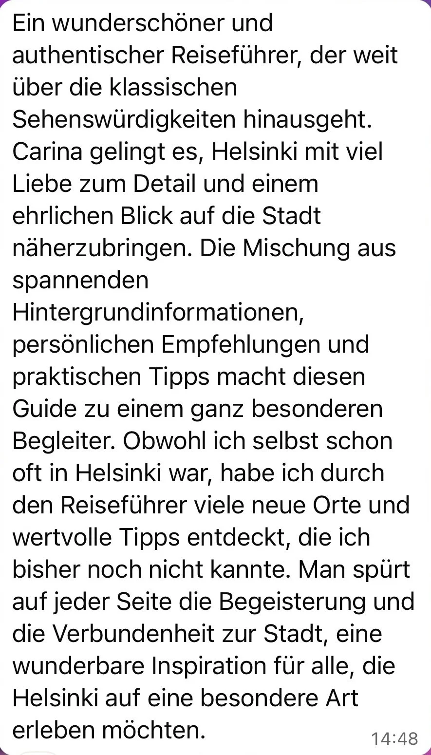 Auschreibung eines Reiseleiters über Helsinki, die Empfehlungen und persönliche Tipps für den Stadtrundgang enthält.