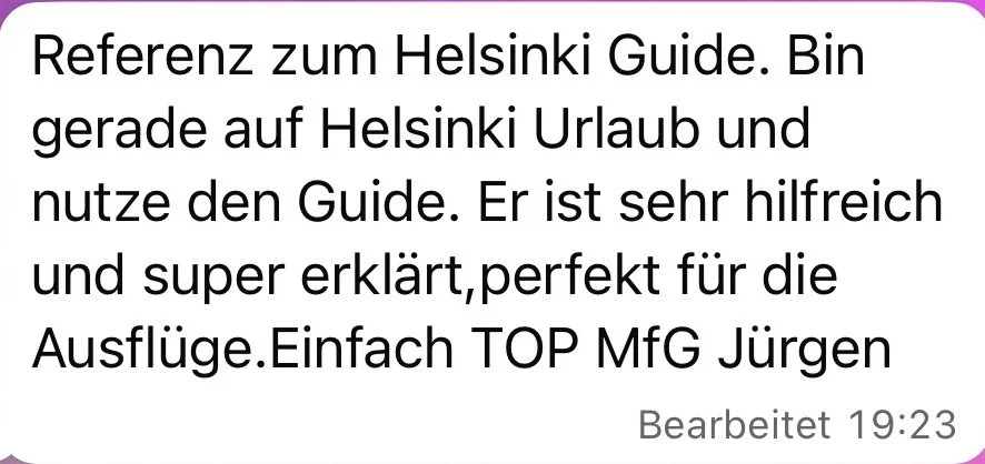 Ein Textausschnitt in deutscher Sprache, der eine Empfehlung für einen Helsinki-Guide gibt.