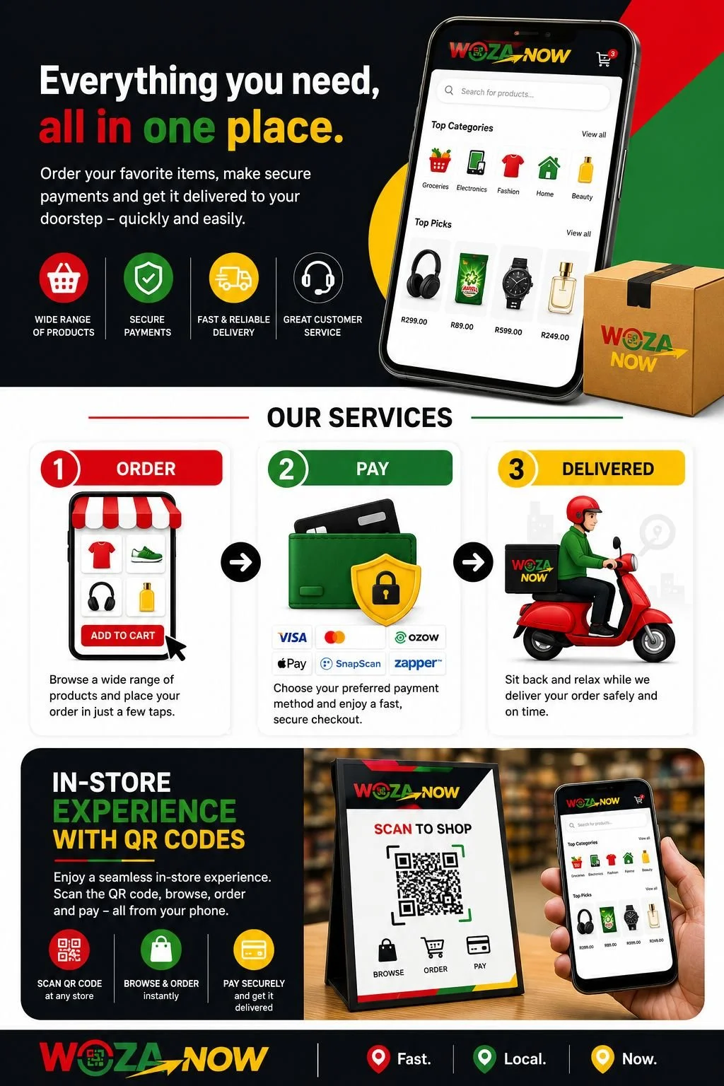 Advertisement poster for Wozza Now, an online shopping platform. Features a smartphone displaying categories and top picks of products, a delivery scooter, and instructions for ordering, paying, and delivery services, highlighting in-store QR code scanning for seamless shopping.
