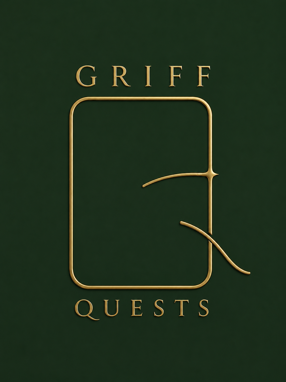 Gold logo with the words "GRIFF QUESTS" arranged around a stylized gold rectangle with a curved line inside, set against a dark green background.