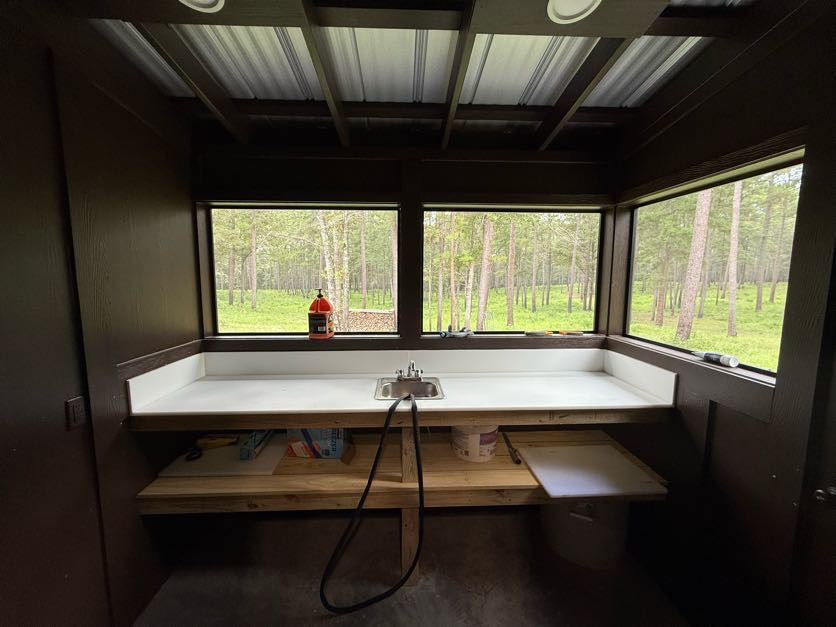 Build-in countertop with a sink and windows showing a wooded outdoor landscape.