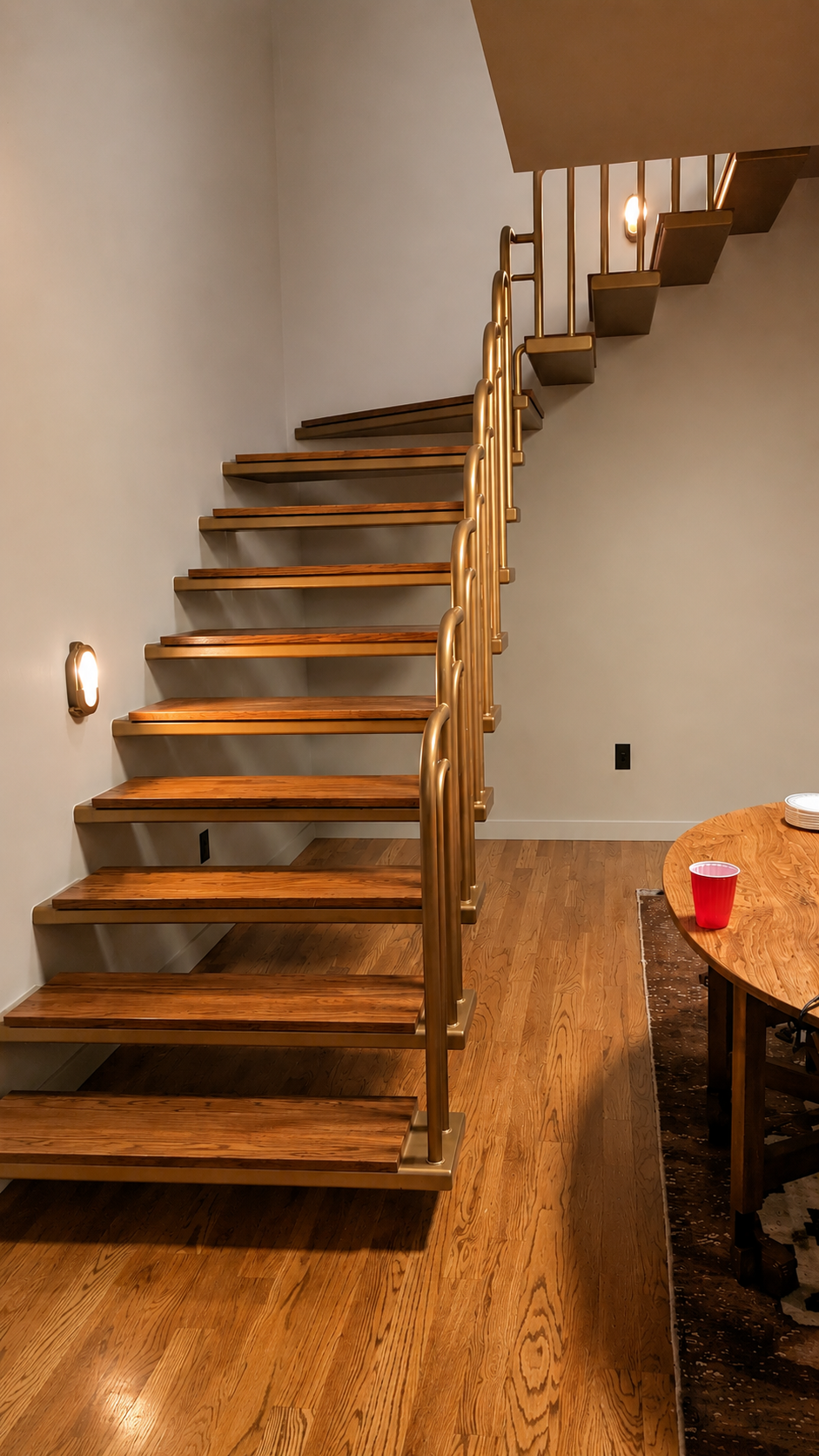 Interior view of a wooden staircase with golden handrails ascending along a plain wall, next to a small round wooden table with a red cup and white plates.