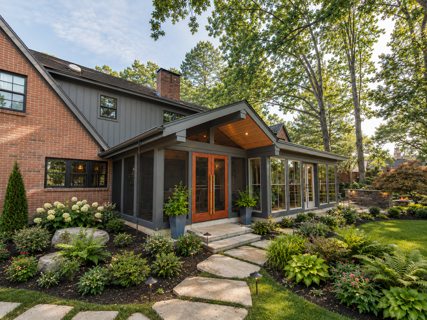 A house with a brick and gray exterior, featuring a screened-in porch with double wooden doors, surrounded by a lush garden with various plants, flowers, and small pathway lights.