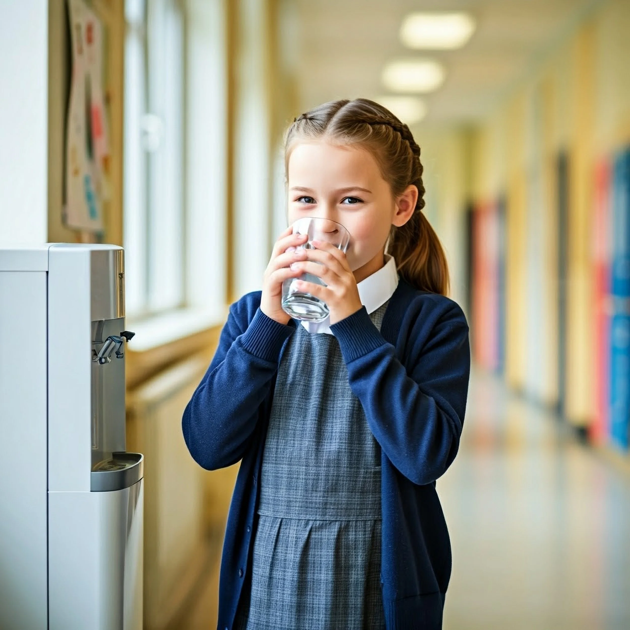 A young girl with braided hair and a school uniform drinking water from a glass in a school hallway.