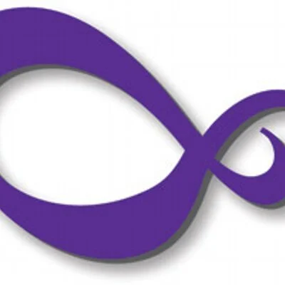 A stylized purple infinity symbol with a spiral element on a white background.