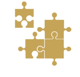 Four interconnected jigsaw puzzle pieces in gold color on a white background.