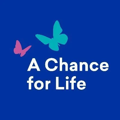 Two butterflies, one pink and one blue, with the text 'A Chance for Life' on a dark blue background.