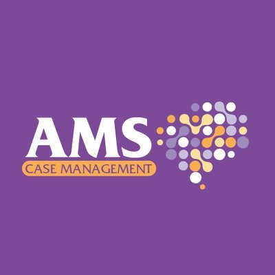 Logo of AMS Case Management with a purple background and a graphic image of dots forming the shape of Africa.