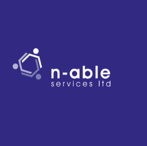 Logo of N-Able Services Ltd on a blue background with a hexagon and two small circles design.