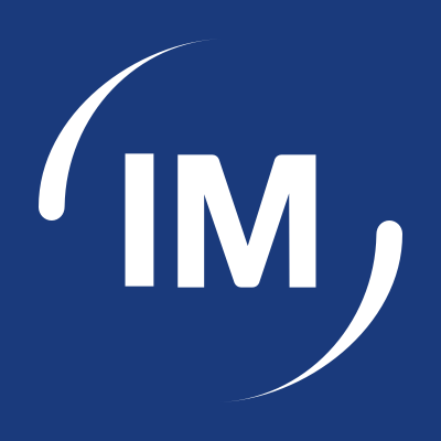 Blue logo with white curved lines and the letters 'IM' in the center.