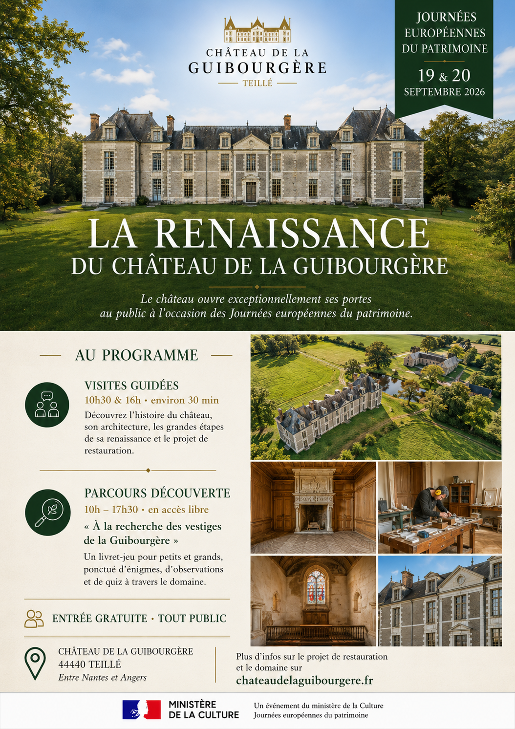Affiche promotionnelle pour les Journées européennes du patrimoine 2026 au Château de la Guibourgère, avec une photo du château, d'autres images du lieu, et des détails sur le programme et les horaires.