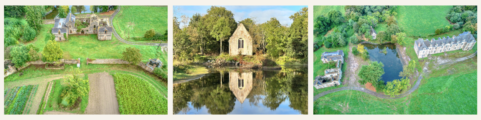 Trois images panoramiques montrant un paysage rural avec un petit lac, une petite chapelle entourée d'arbres, et une maison avec un étang, tous dans un environnement verdoyant en plein air.