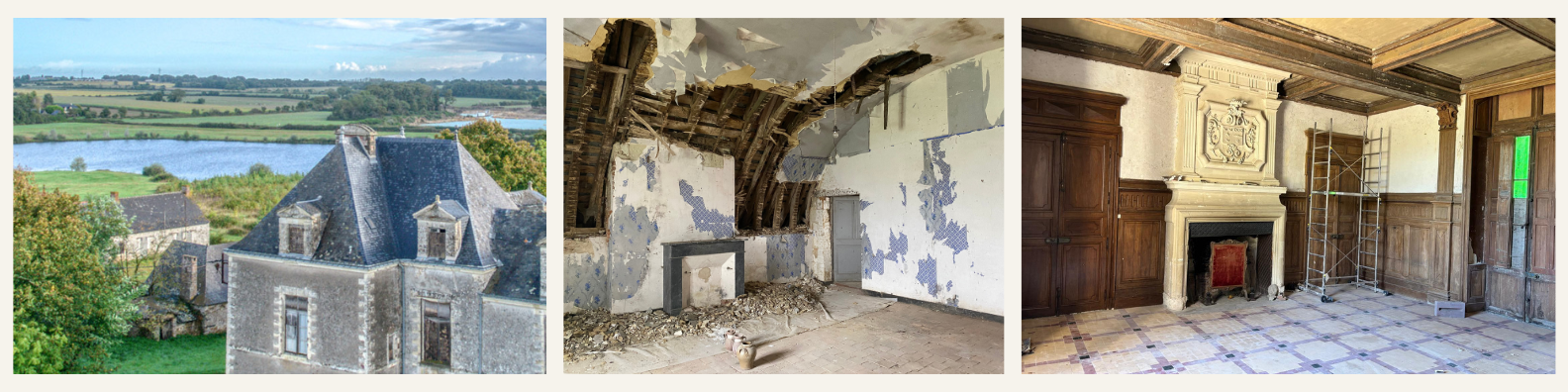 Trois images de bâtiments : une vue extérieure d'un château ou manoir avec un paysage rural en arrière-plan, un intérieur en rénovation avec des murs en délabrement et un plafond effondré, une pièce intérieure avec un foyer en pierre, des murs en bois sombre, et un sol en mosaïque, avec des outils de travaux en scaffolding.