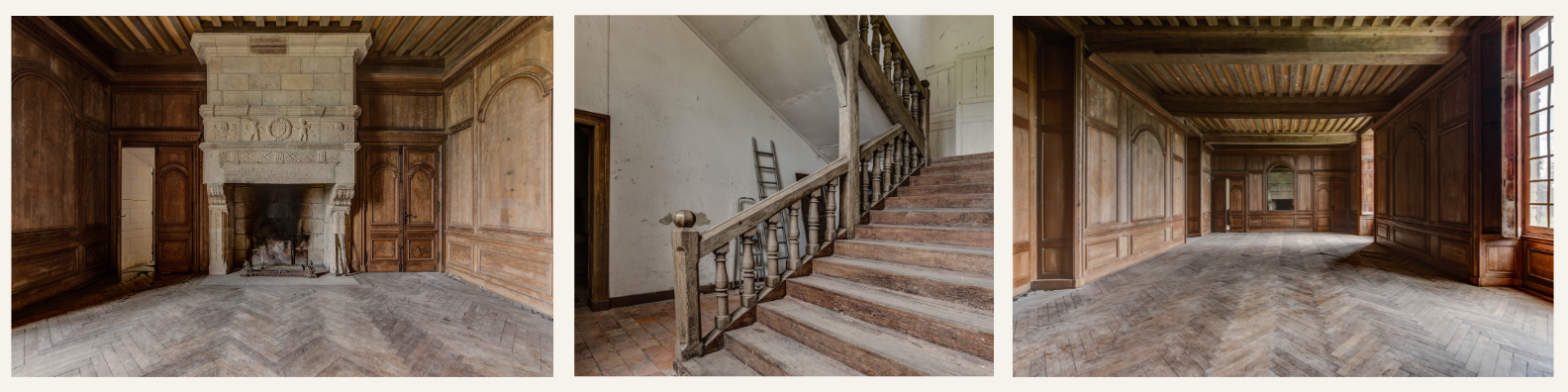 Un collage de trois pièces d'intérieur anciennes : un salon avec cheminée en pierre et panneaux en bois, un escalier en bois avec une rampe, et une autre pièce avec murs en bois et grandes fenêtres.