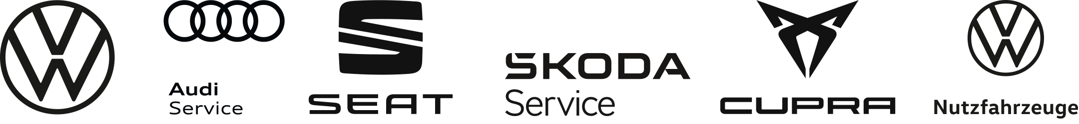 Verschiedene Automarkenlogos, einschließlich VW, Audi, SEAT, ŠKODA, CUPRA, mit zugehörigen Service- oder Nutzfahrzeugbezeichnungen.