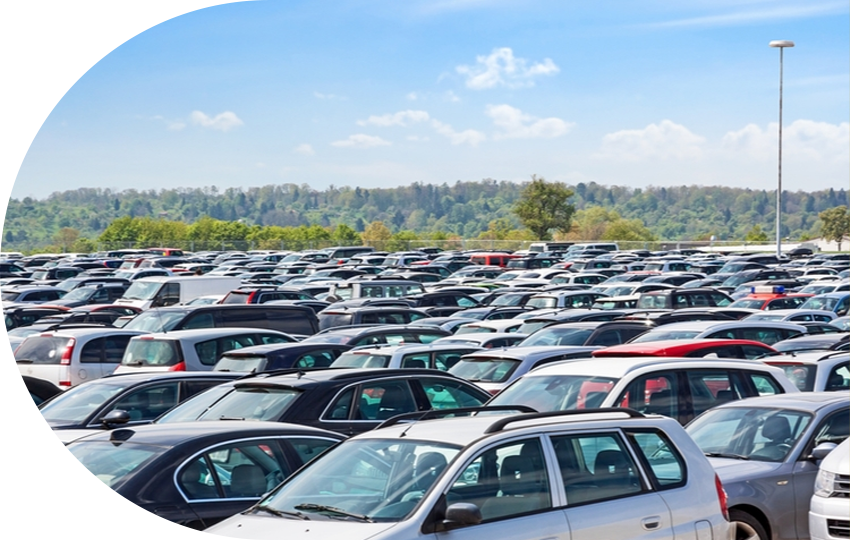 A photograph depicting a full parking lot containing dozens of cars.