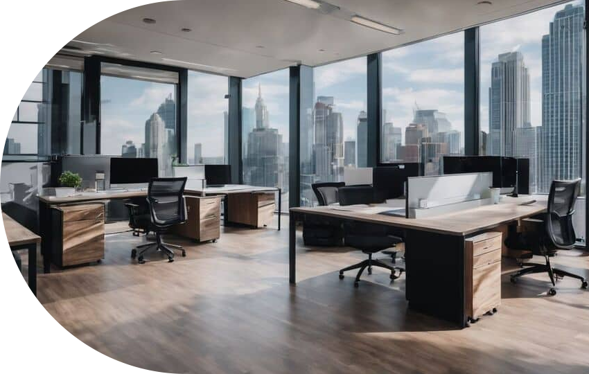 A photograph depicting an office space with desks and chairs..